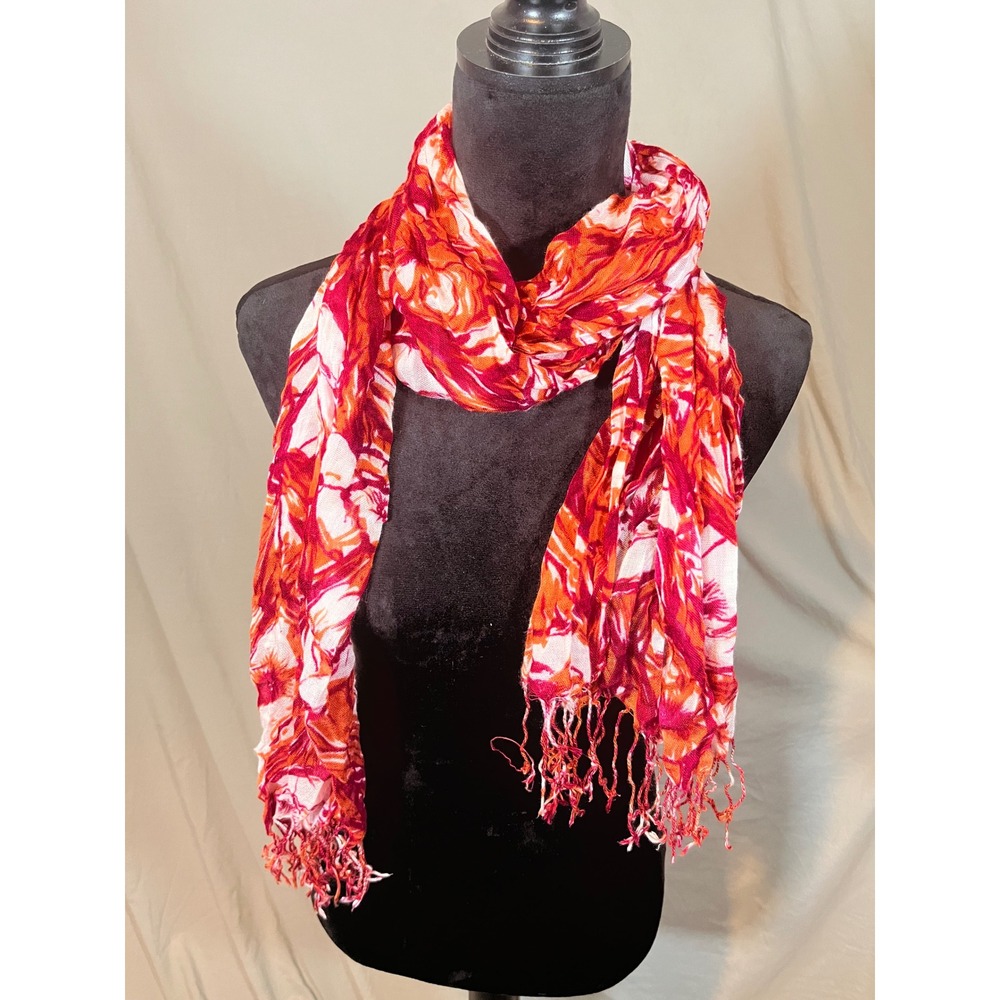 Womens Abstract Floral Scarf Orange Pink Red White Lightweight Fringe Trim Wrap